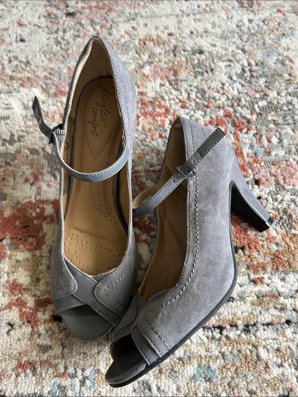 Life Stride Gray Suede Peep-Toe Mary Jane Heels with Strap